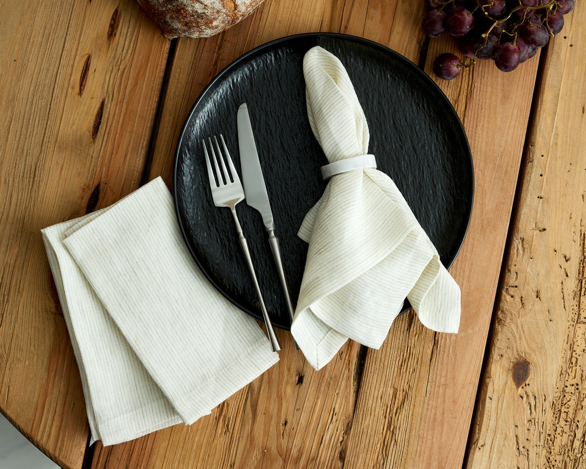 Beaune Linen Table Napkin White with Lines Pattern Set
