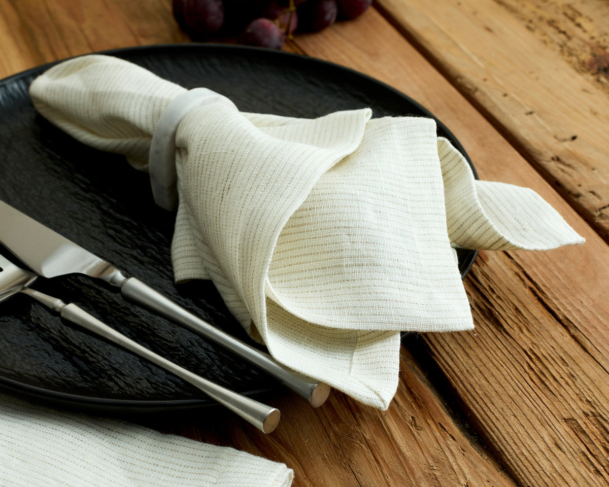 Beaune Linen Table Napkin White with Lines Pattern Set