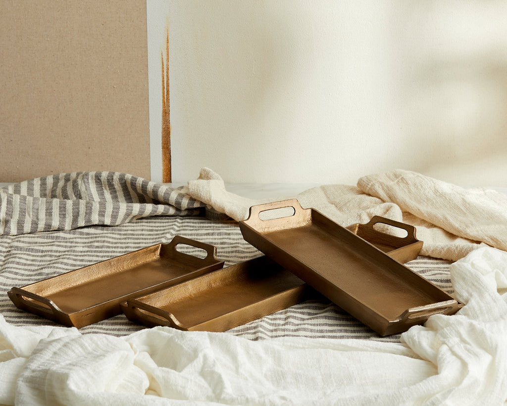 May Gold Serving Tray Set – Rectangular Trays with Handles